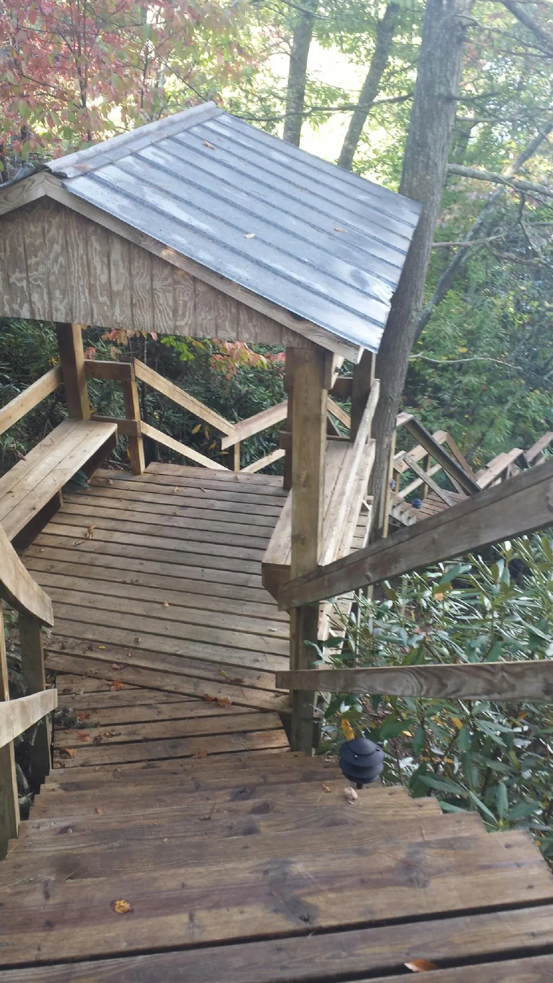 Metal roofed shelter over wooden steps on a wooded walkway — Skylight Repair & Installation work by our crew in Smiths Grove